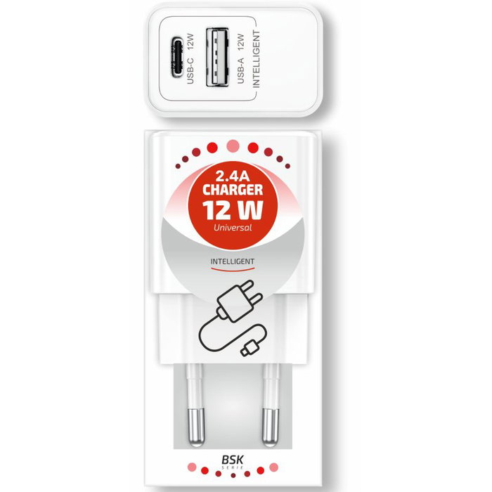 Tech One Tech Cargador de pared 12W con USB-A y USB-C Blanco TEC2904